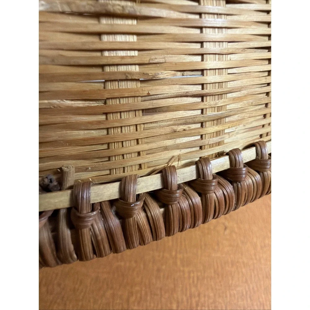Vintage Round Natural Brown Wood Woven Wicker 2 Handles Basket 12